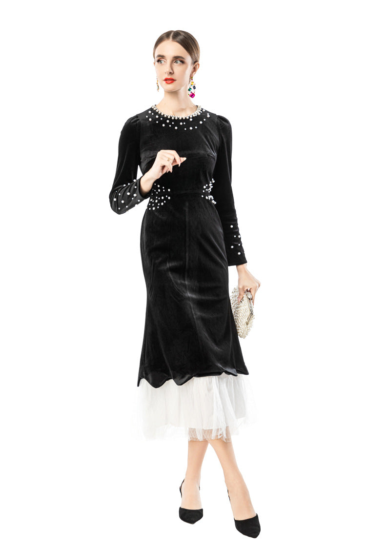 Black Velvet Mermaid Dress with Pearl Embellishments & Tulle Hem SP10114