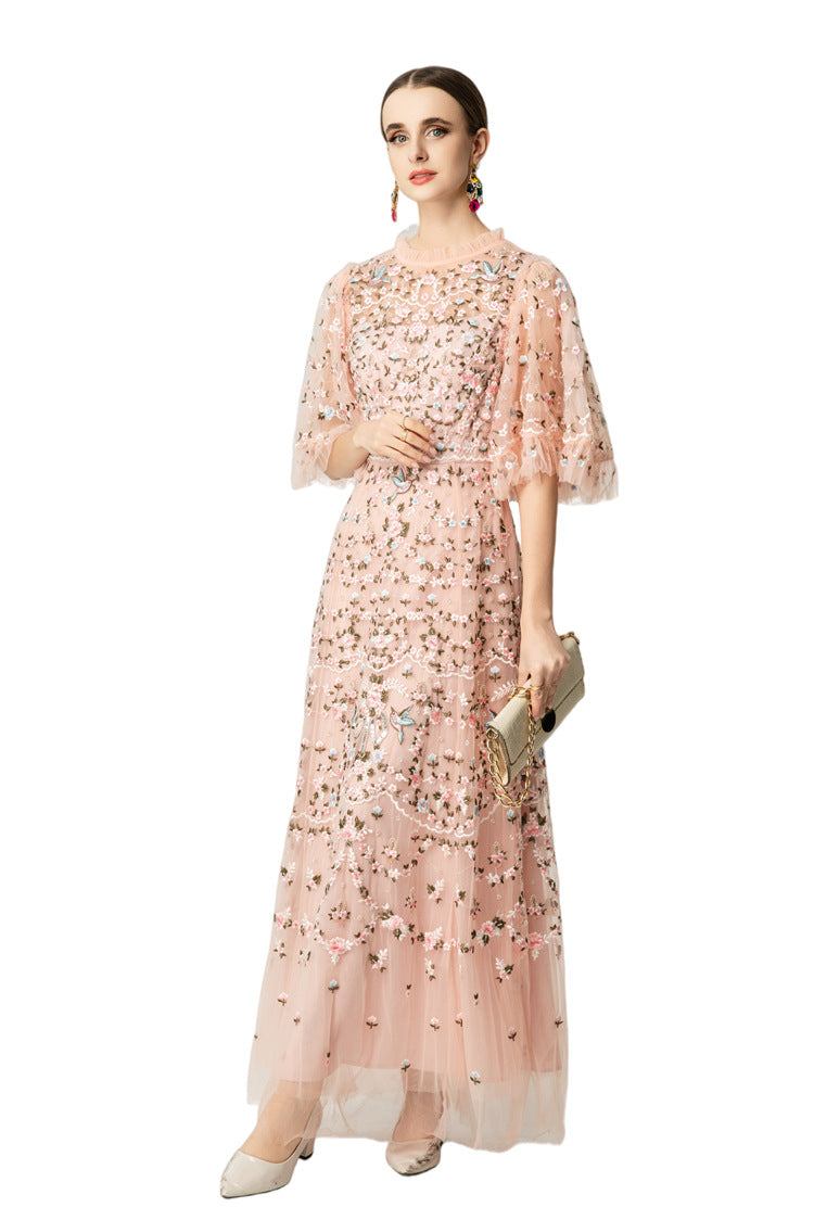 Pink Floral Bird Embroidered Tulle Flutter Sleeve Maxi Dress SP10035