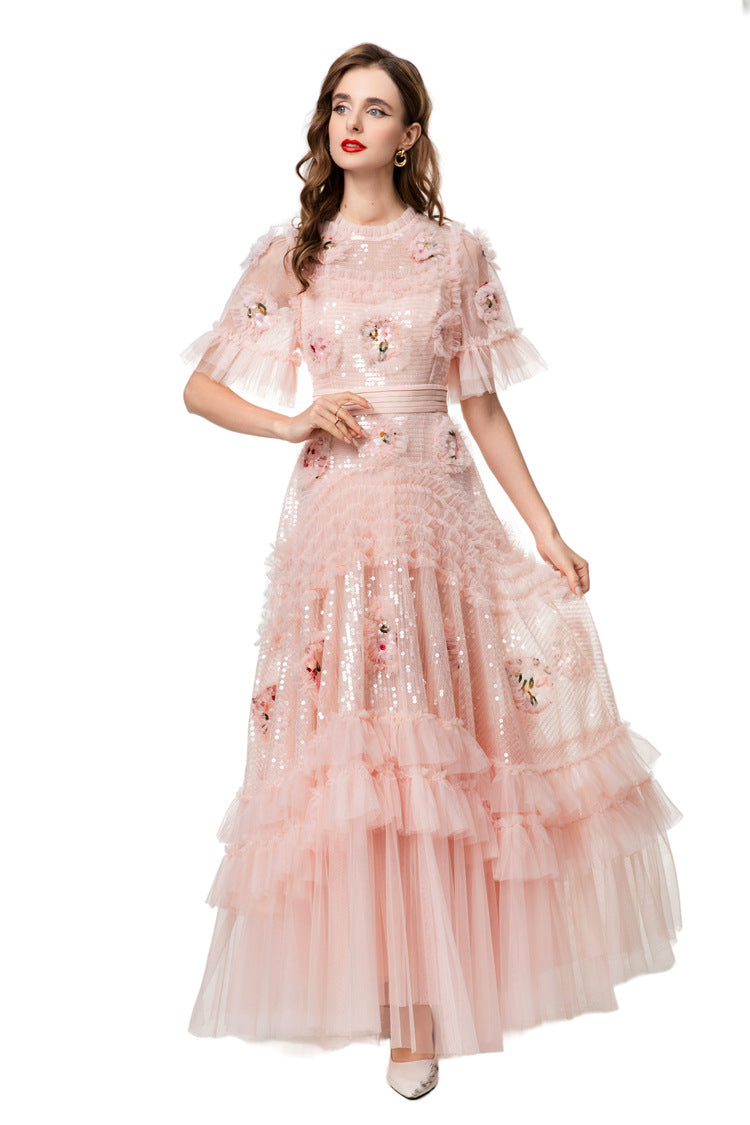 Pink Sequin 3D Floral Ruffled Tulle Maxi Princess Dress SP10023