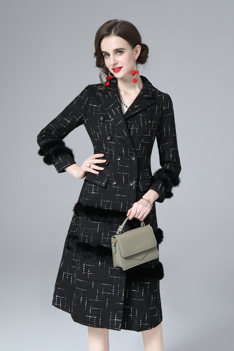 Black Tweed Faux Fur Trim Double Breasted Midi Coat – Luxury Winter Overcoat SP10034