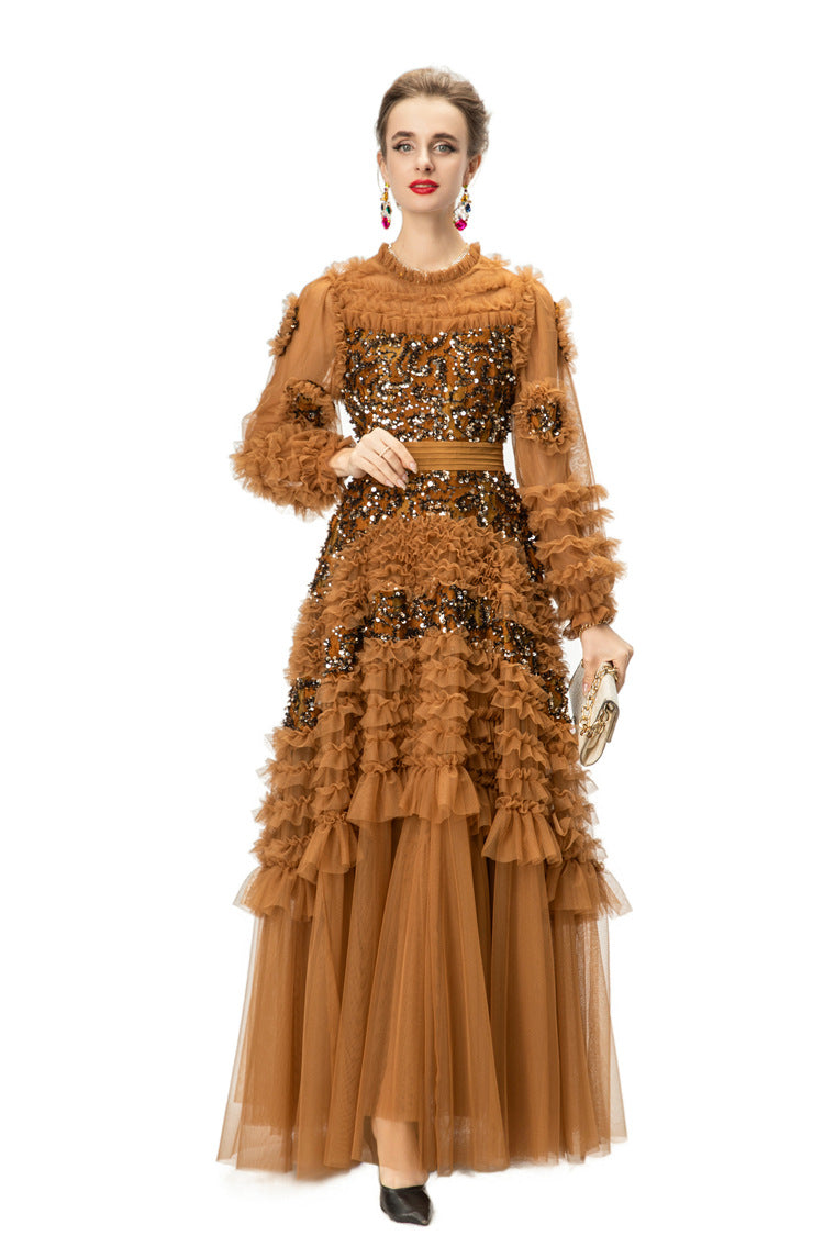 Caramel Sequin Ruffled Tulle Tiered Maxi Gown – Formal Evening Dress SP10005