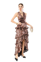 Metallic 3D Floral Tiered Ruffle High-Low Maxi Dress SP10096