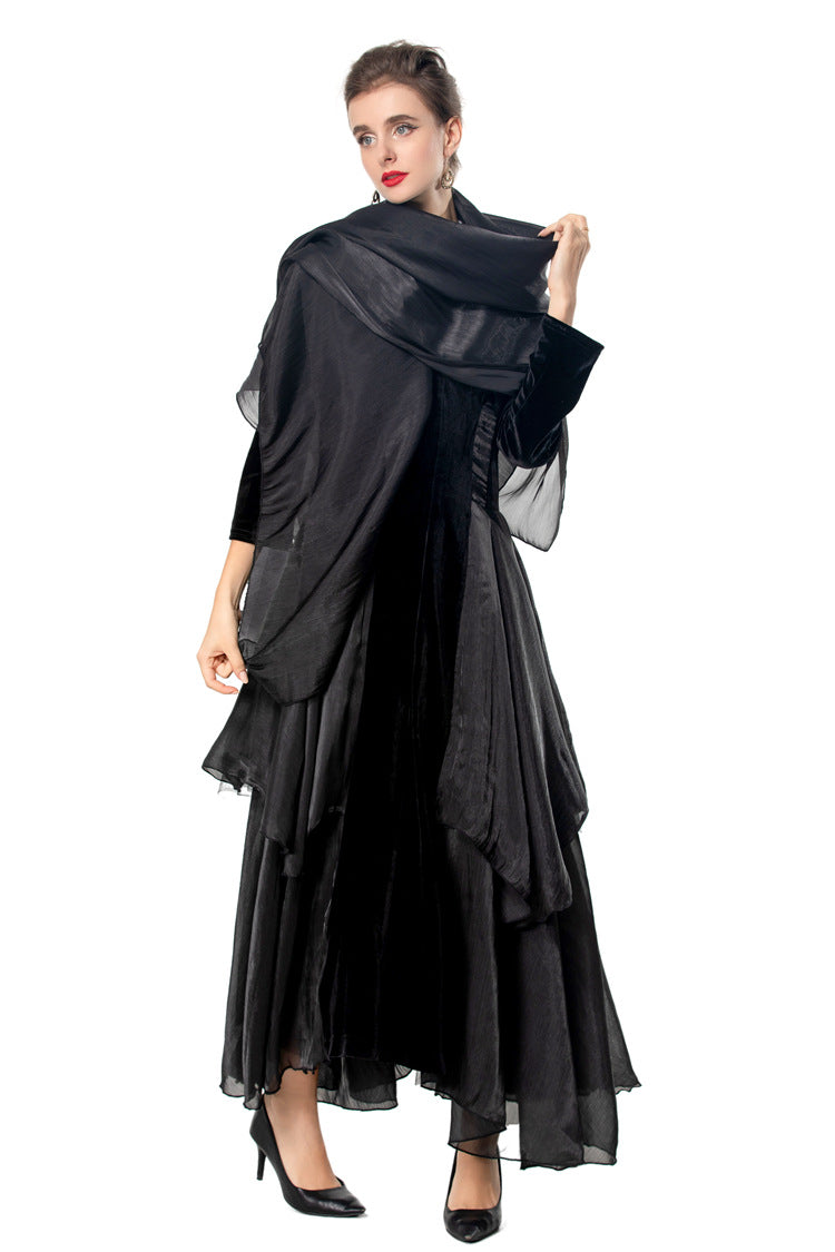 Black Velvet Layered Organza Maxi Dress – French Elegant Evening Gown SP10009