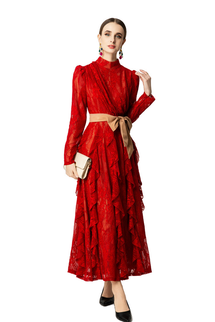High Neck Lace Ruffle Hem Maxi Dress with Detachable Belt SP10045
