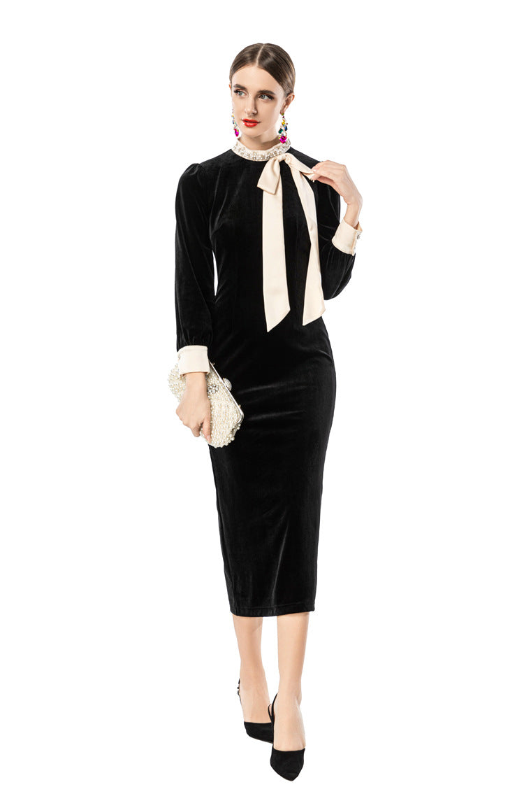 Women's Black Velvet Midi Dress with Pearl Collar & Contrast Bow Tie SP10108