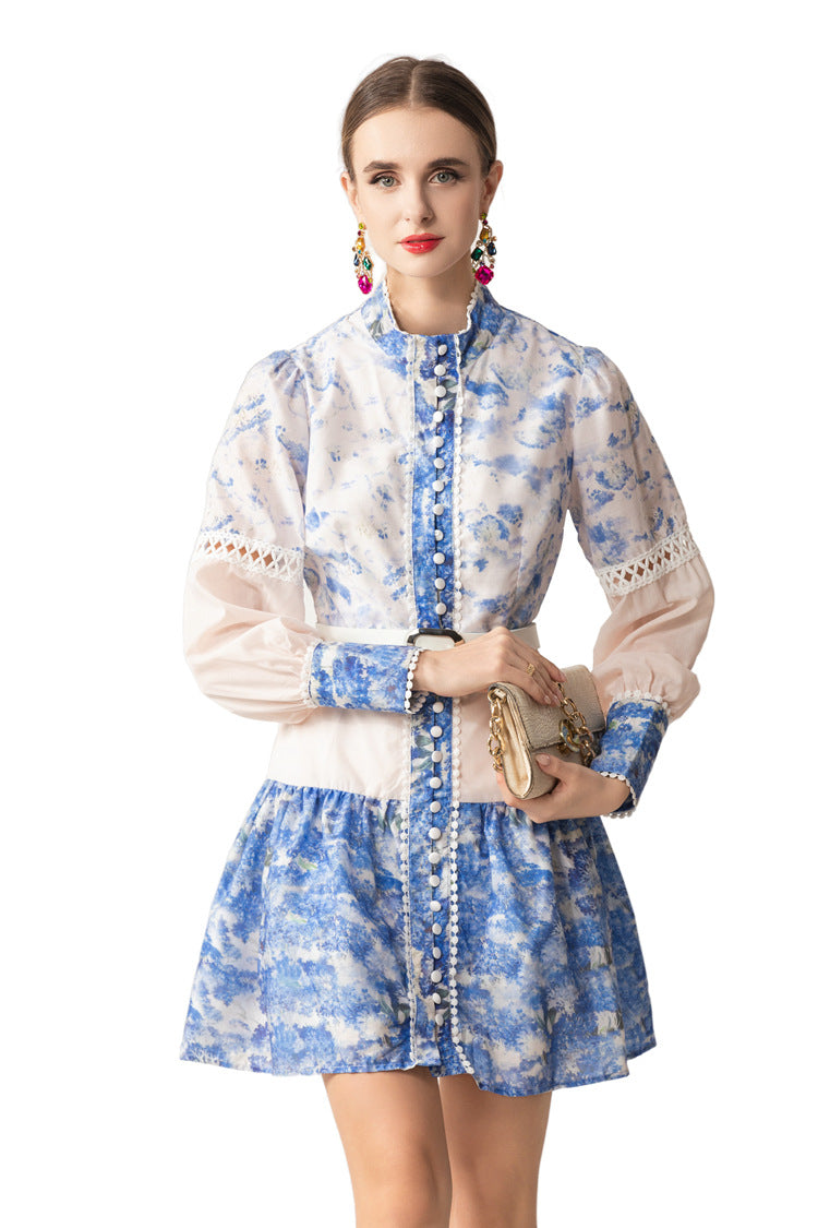 Blue White Porcelain Print Lace Cutout Shirt Dress with Belt SP10065