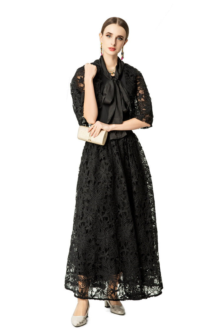 Satin Lace Patchwork Bow Tie Flare Sleeve Maxi Dress SP10057