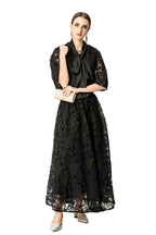 Satin Lace Patchwork Bow Tie Flare Sleeve Maxi Dress SP10057