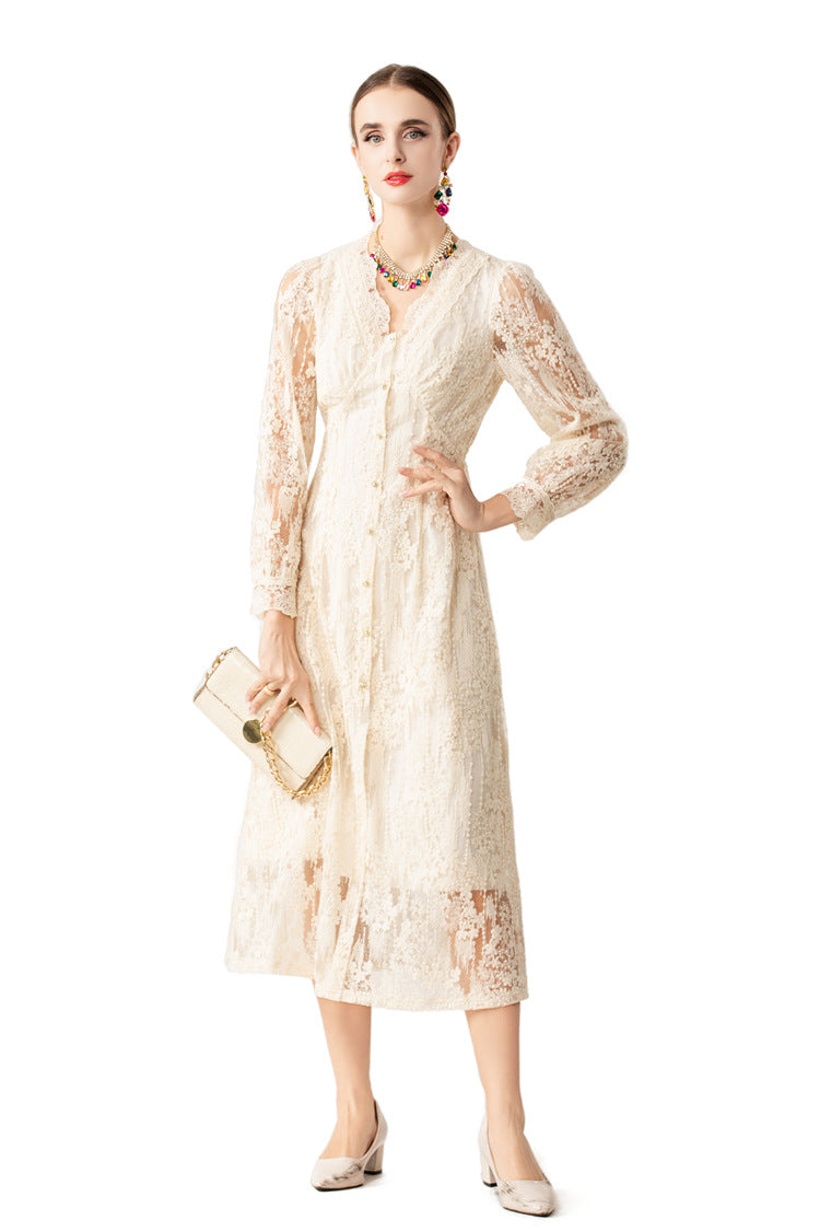 Scalloped V-Neck Lace Embroidered Midi Dress with Lining SP10071