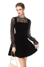 Black Velvet Mini Dress with Rhinestone Collar & Sheer Mesh Polka Dot Sleeves SP10110