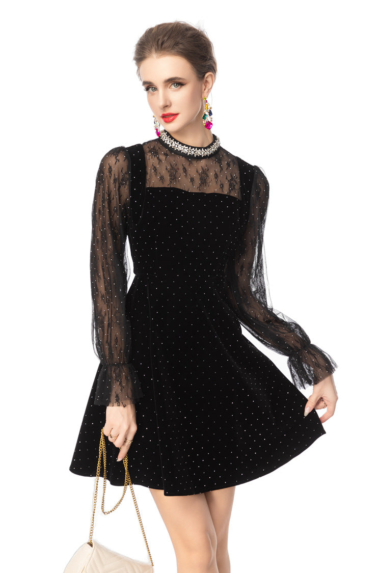 Black Velvet Mini Dress with Rhinestone Collar & Sheer Mesh Polka Dot Sleeves SP10110
