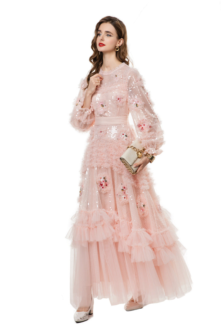 Pink Sequin 3D Floral Embroidered Tiered Tulle Maxi Dress SP10026