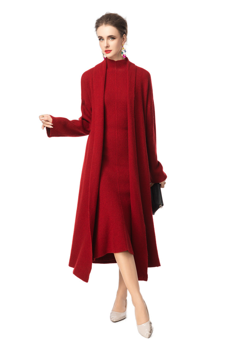 Turtleneck Dress & Long Knit Cardigan Two-Piece Set SP10097