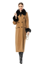 Camel Wool Blend Long Coat with Black Faux Fur Collar & Cuffs SP10112
