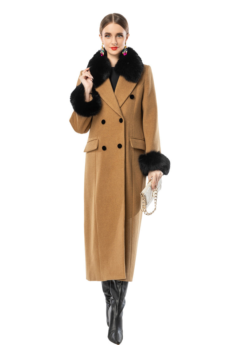 Camel Wool Blend Long Coat with Black Faux Fur Collar & Cuffs SP10112