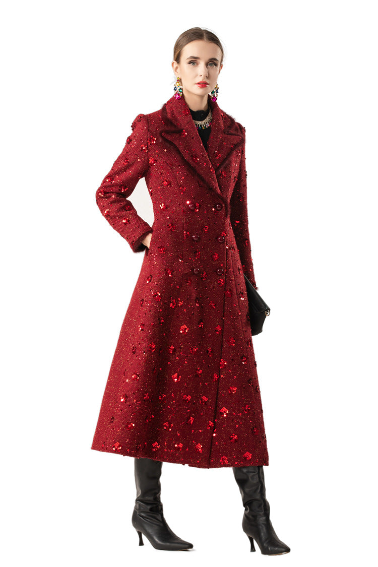 Red Sequin Double Breasted Maxi Coat – Luxury Winter Overcoat SP10017