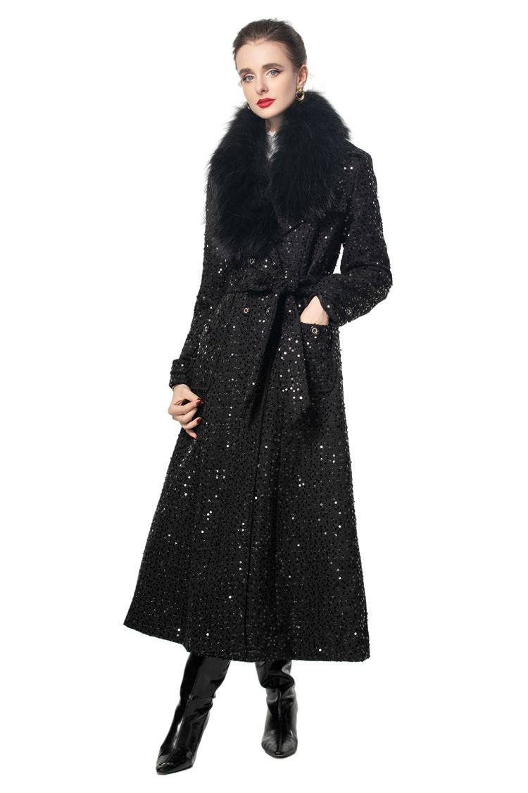 Sequin Embellished Belted Maxi Trench Coat – French Luxury Winter Overcoat SP10027