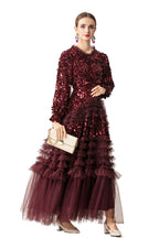 Burgundy Sequin Ruffled Tulle Tiered Maxi Evening Dress SP10016