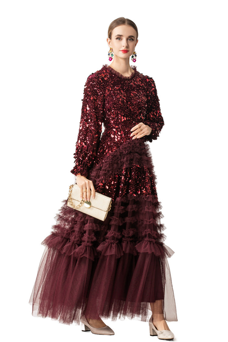 Burgundy Sequin Ruffled Tulle Tiered Maxi Evening Dress SP10016