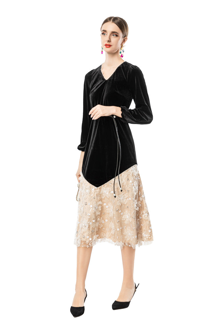 Velvet V-Neck Lace Patchwork Midi Dress SP10090