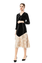 Velvet V-Neck Lace Patchwork Midi Dress SP10090