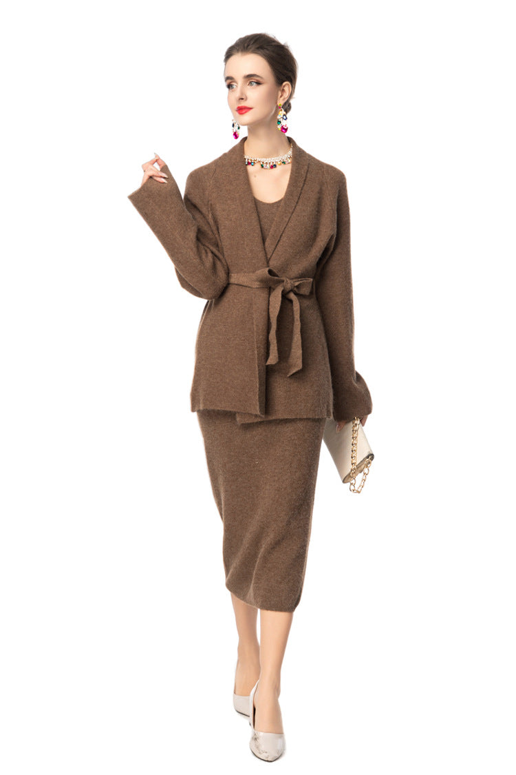 V-Neck Knit Dress & Tie-Waist Cardigan Two-Piece Set SP10098