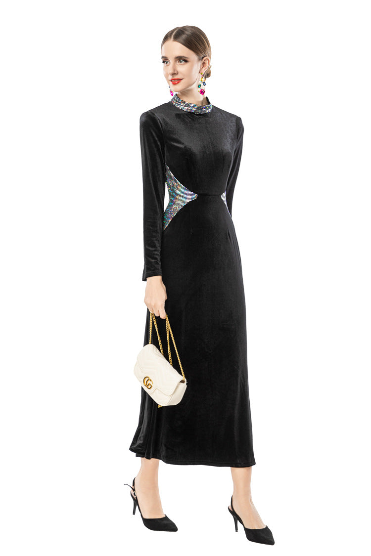 Black Velvet Midi Dress with Rhinestone Neckline & Reflective Waist Accents - Timeless Elegance Meets Modern Glamour SP10101