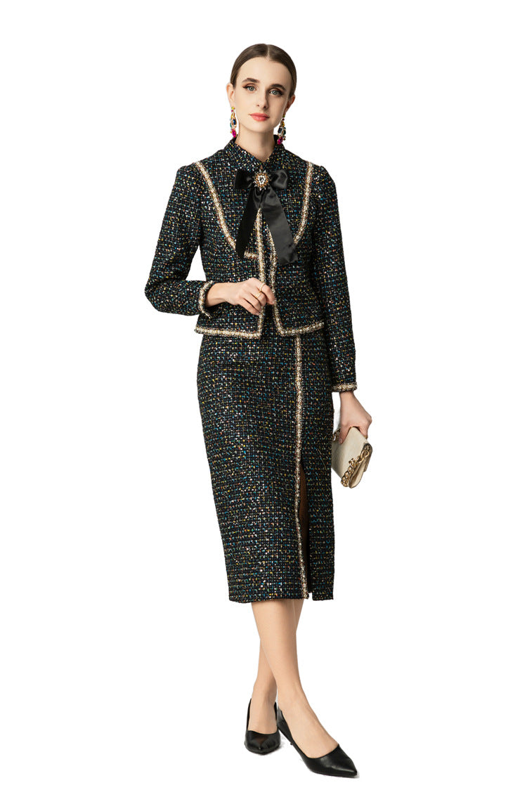 Tweed Bow Tie Jacket & Slit Pencil Skirt Two-Piece Set SP10044