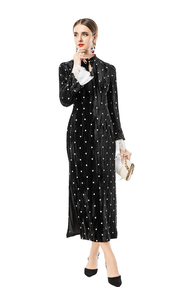 Velvet Polka Dot Lace Flare Sleeve Qipao Midi Dress SP10095