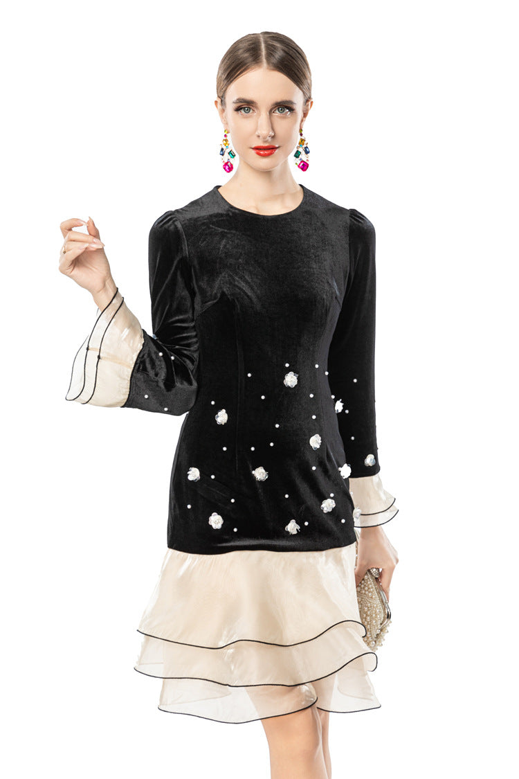 Women's French Style Velvet Dress, Round Neck Pearl & Flower Embellished Top with Satin Layered Ruffle Hem, Long Sleeve Cocktail Party Dress SP10102