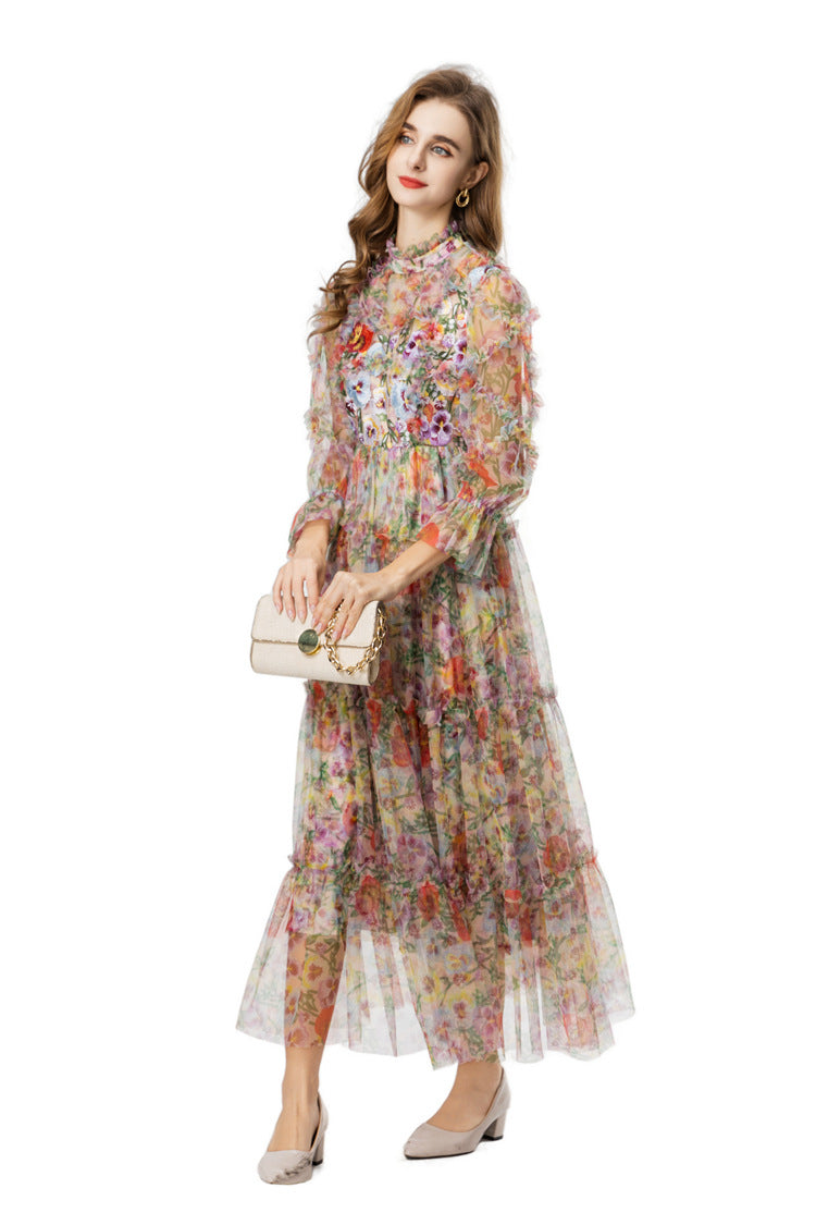 Colorful Floral Embroidered Tiered Tulle Midi Dress SP10019