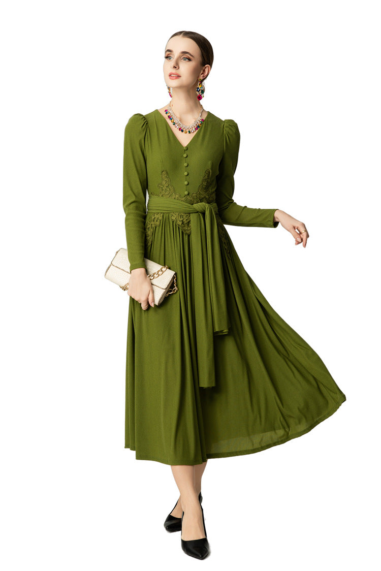 V-Neck Puff Sleeve Waist Embroidery Flared Midi Dress SP10059