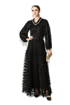 Black Sequin Fringed Tiered Tulle Maxi Dress SP10050