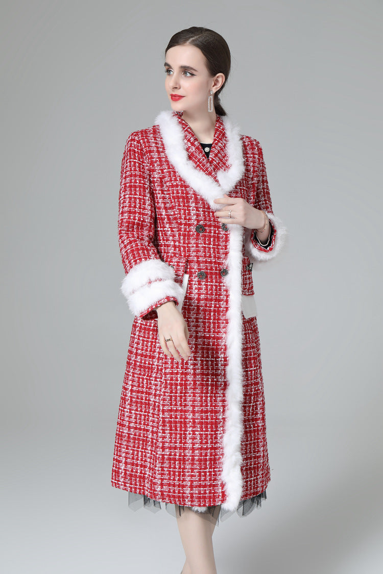 Plaid Tweed Faux Fur Trim Double Breasted Midi Coat SP10033