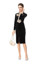 Black Velvet Dress with Polka Dot Bow Neck & Pearl Buttons SP10106