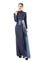 Navy Blue Satin High Neck Evening Gown with Beaded Floral Tassels SP10104