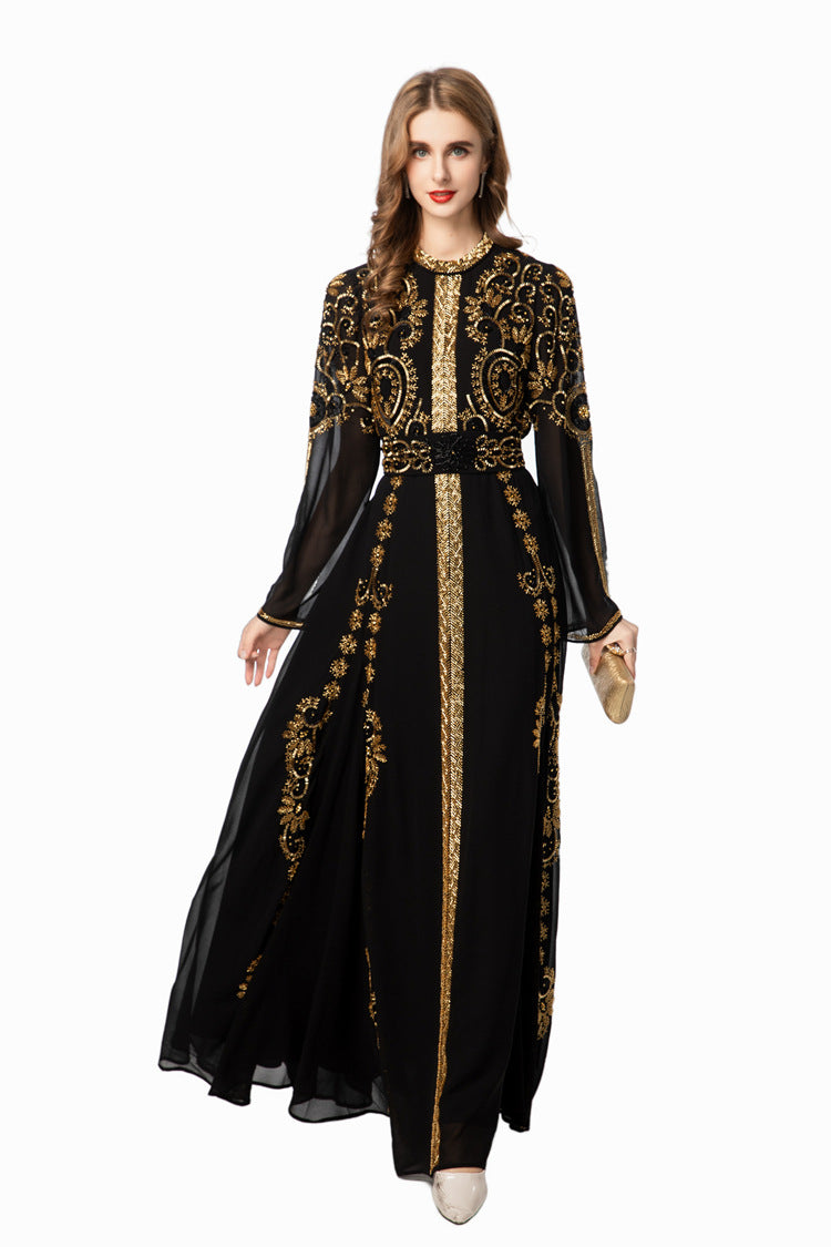Black & Gold Sequin Embellished Middle Eastern Maxi Dress SP10021