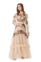 Nude Floral Embroidered Tiered Tulle Maxi Dress SP10008