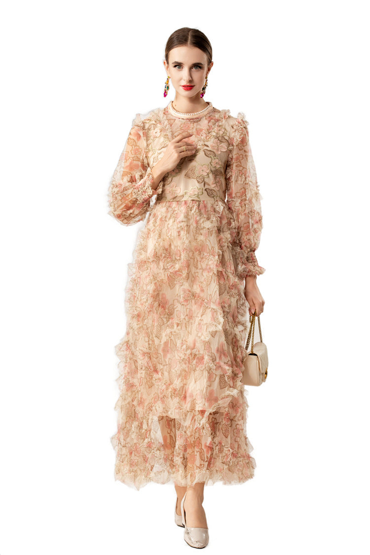 Pearl Trim Floral Embroidered Tiered Tulle Maxi Dress SP10085