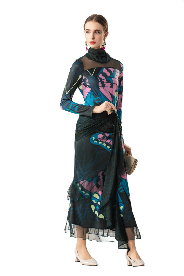 High Neck Butterfly Print Layered Tulle Midi Dress SP10080