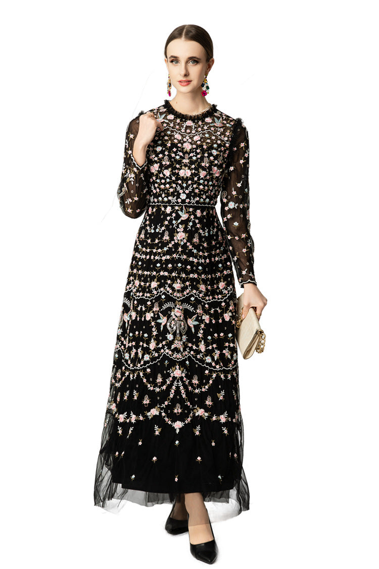Black Floral Bird Embroidered Ruffled Neck Tulle Maxi Dress SP10036