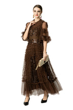 Brown Sequin Ruffled Tiered Organza Maxi Dress SP10061