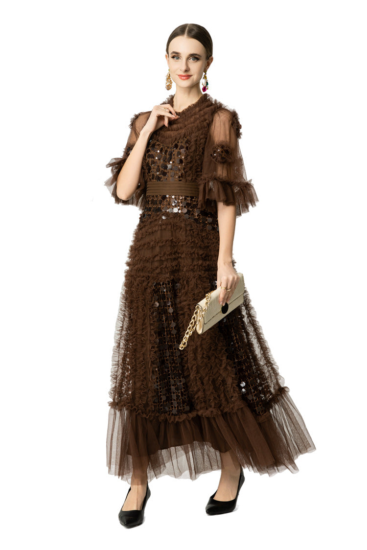 Brown Sequin Ruffled Tiered Organza Maxi Dress SP10061