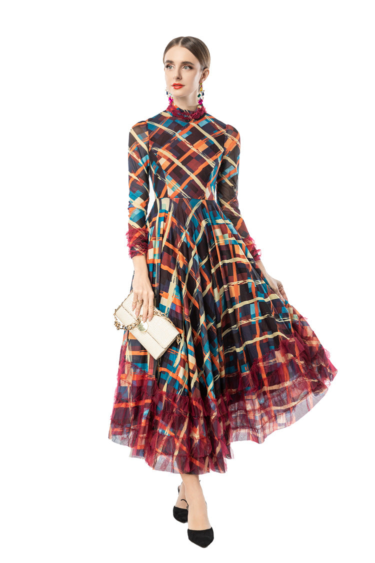 Ruffled Neck Plaid Print Tiered Tulle Maxi Dress SP10091