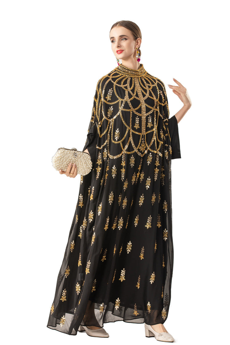 Gold Sequin Embellished Middle Eastern Kaftan Maxi Dress SP10067