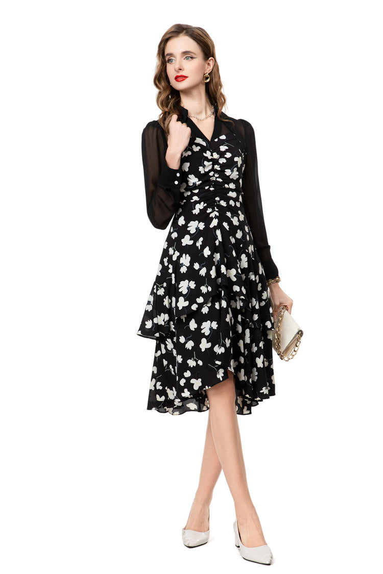 Black Floral Chiffon Sheer Sleeve Midi Dress SP10025