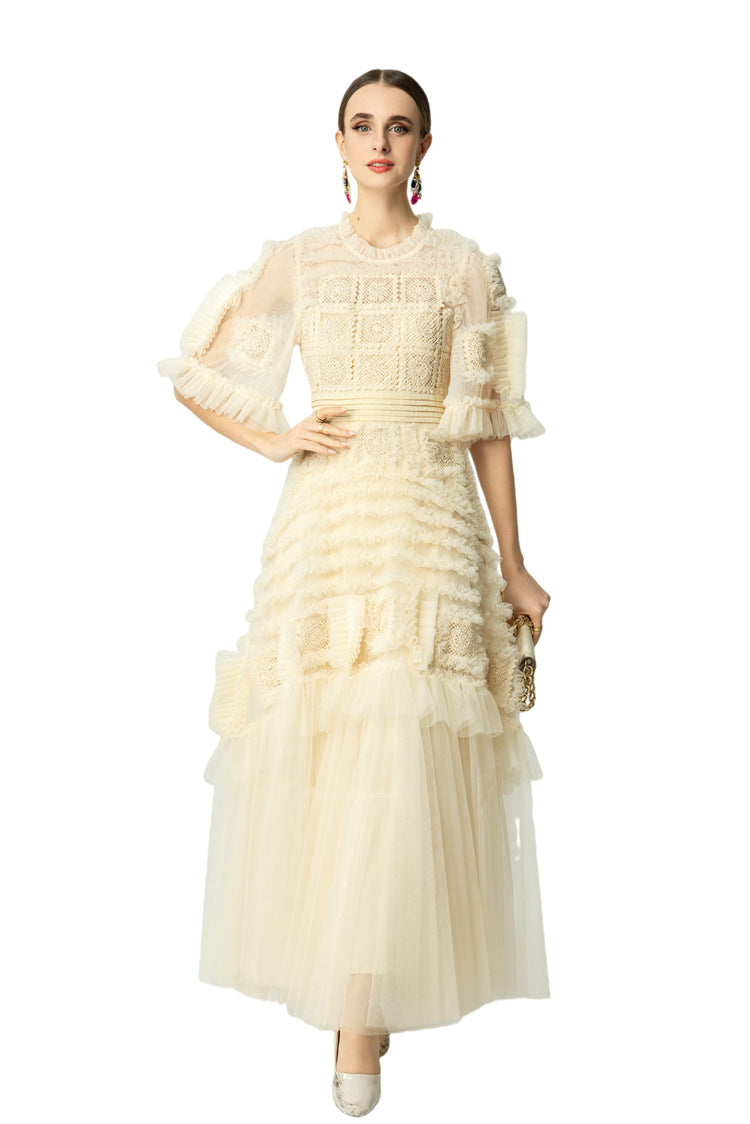 Cream Crochet Lace Tiered Tulle Cake Dress SP10056
