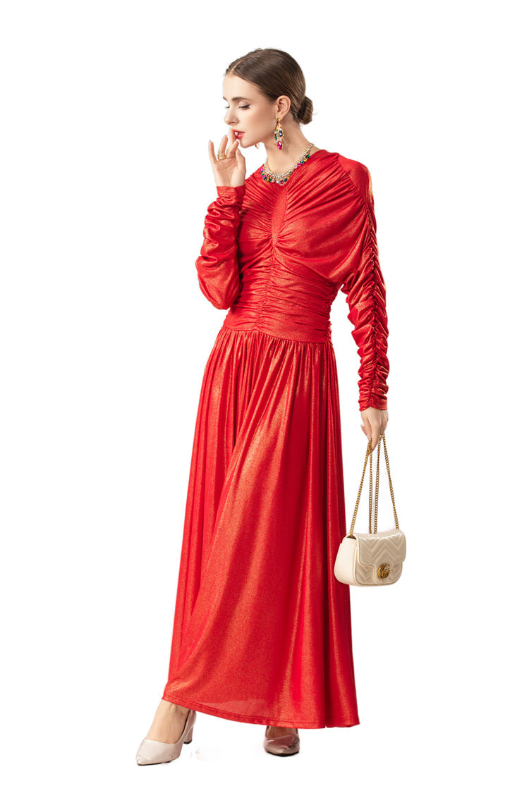 Metallic Ruched Waist Flared Maxi Dress SP10087
