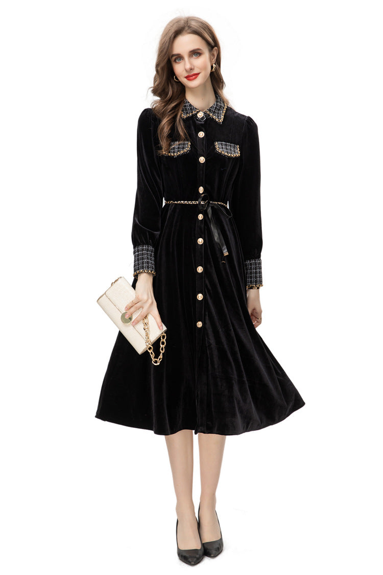 Black Velvet Tweed Trim Midi Dress – French Style Slim Fit Fall Dress