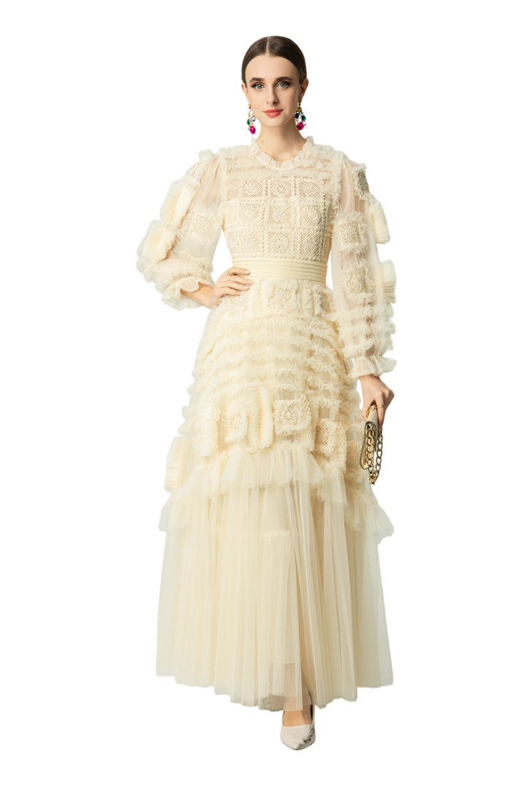 Cream Crochet Lace Tiered Tulle Cake Dress SP10063
